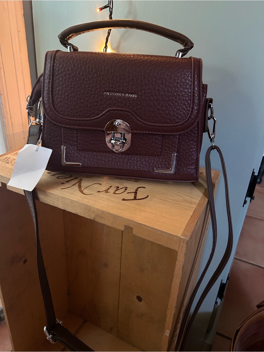Burgundy Vegan Leather Top-Handle Crossbody Bag